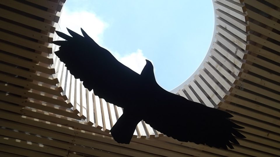 Expozice Beskydské nebe je pojata jako zastřešení amfiteátru na Horečkách se siluetami letících dravců