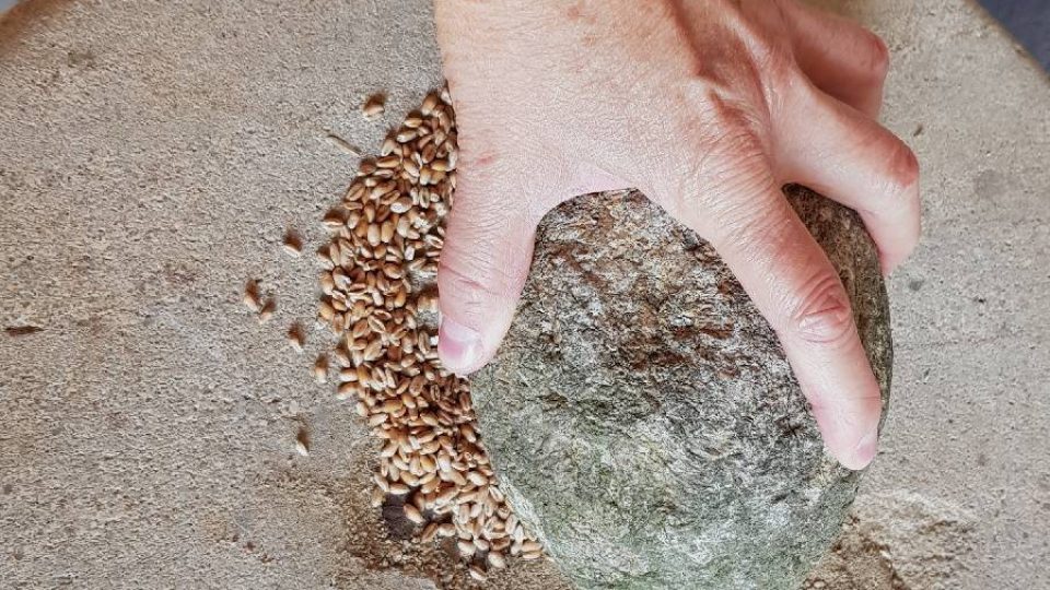 Ruční mletí obilí na mouku pomocí kamene