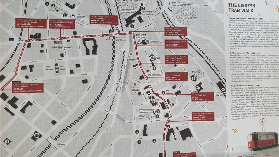 Na plánku si můžete prohlédnout trasu, kudy těšínská tramvaj kdysi jezdila | foto: Petra Štrymplová, Český rozhlas Na plánku si můžete prohlédnout trasu, kudy těšínská tramvaj kdysi jezdila